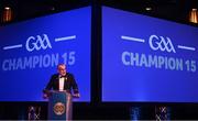 21 October 2022; Uachtarán Chumann Lúthchleas Gael Larry McCarthy speaking during  the GAA Champion 15 Awards at Croke Park in Dublin. Photo by Harry Murphy/Sportsfile