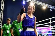 21 October 2022; Aoife O'Rourke of Ireland celebrates after her victory over Love Holgersson of Sweden in their middleweight 75kg semi-final bout during the EUBC Women's European Boxing Championships 2022 at Budva Sports Centre in Budva, Montenegro. Photo by Ben McShane/Sportsfile