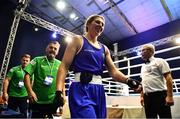21 October 2022; Aoife O'Rourke of Ireland celebrates after her victory over Love Holgersson of Sweden in their middleweight 75kg semi-final bout during the EUBC Women's European Boxing Championships 2022 at Budva Sports Centre in Budva, Montenegro. Photo by Ben McShane/Sportsfile