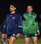 21 October 2022; Byron Ralston, left, and Mack Hansen of Connacht before the United Rugby Championship match between Connacht and Scarlets at The Sportsground in Galway. Photo by David Fitzgerald/Sportsfile