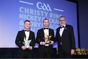 21 October 2022; Longford hurler Paddy Lynam, left, and Mayo hurler Keith Higgins, second from left, are presented with their Ring, Rackard, and Meagher Team of the Year for 2022 awards by Uachtarán Chumann Lúthchleas Gael Larry McCarthy during the GAA Champion 15 Awards at Croke Park in Dublin. Photo by Harry Murphy/Sportsfile