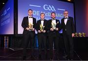 21 October 2022; Players, from left, Kerry hurler Fionan Mackessy, Antrim hurler Eoghan Campbell and Kerry hurler Mikey Boyle are presented with their Joe McDonagh Team of the Year for 2022 award by Uachtarán Chumann Lúthchleas Gael Larry McCarthy, right, during the GAA Champion 15 Awards at Croke Park in Dublin. Photo by Harry Murphy/Sportsfile