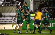 21 October 2022; Niall Murray of Connacht is congratulated by team mates after scoring their side's first try during the United Rugby Championship match between Connacht and Scarlets at The Sportsground in Galway. Photo by David Fitzgerald/Sportsfile