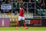 21 October 2022; Serge Atakayi of St Patrick's Athletic celebrates after scoring his side's first goal during the SSE Airtricity League Premier Division match between Shamrock Rovers and St Patrick's Athletic at Tallaght Stadium in Dublin. Photo by Seb Daly/Sportsfile