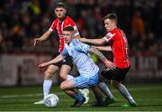 21 October 2022; Kameron Ledwidge of Shelbourne in action against Brandon Kavanagh of Derry City during the SSE Airtricity League Premier Division match between Derry City and Shelbourne at The Ryan McBride Brandywell Stadium in Derry. Photo by Ramsey Cardy/Sportsfile