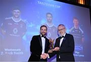21 October 2022; Westmeath footballer Kevin Maguire, left, is presented with his Tailteann Cup Team of the Year for 2022 award by Uachtarán Chumann Lúthchleas Gael Larry McCarthy  during the GAA Champion 15 Awards at Croke Park in Dublin. Photo by Harry Murphy/Sportsfile