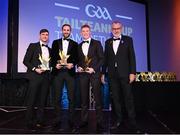 21 October 2022; Players, from left, Westmeath footballer Jack Smith, Westmeath footballer Kevin Maguire and  Sligo footballer Evan Lyons are presented with their Tailteann Cup Team of the Year for 2022 awards by Uachtarán Chumann Lúthchleas Gael Larry McCarthy, right, during the GAA Champion 15 Awards at Croke Park in Dublin. Photo by Harry Murphy/Sportsfile
