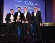 21 October 2022; Players, from left, Westmeath footballer Jack Smith, Westmeath footballer Kevin Maguire and Sligo footballer Evan Lyons are presented with their Tailteann Cup Team of the Year for 2022 awards by Uachtarán Chumann Lúthchleas Gael Larry McCarthy, right, during the GAA Champion 15 Awards at Croke Park in Dublin. Photo by Harry Murphy/Sportsfile