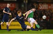 21 October 2022; Cian Murphy of Cork City in action against Hugh Douglas of Bray Wanderers during the SSE Airtricity League First Division match between Cork City and Bray Wanderers at Turners Cross in Cork. Photo by Eóin Noonan/Sportsfile