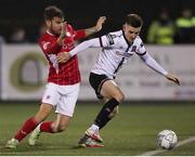 21 October 2022; Darragh Leahy of Dundalk in action against Frank Liivak of Sligo Rovers during the SSE Airtricity League Premier Division match between Dundalk and Sligo Rovers at Casey's Field in Dundalk, Louth. Photo by Michael P Ryan/Sportsfile