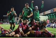 21 October 2022; Connacht players celebrate a try by team-mate Jack Aungier during the United Rugby Championship match between Connacht and Scarlets at The Sportsground in Galway. Photo by Brendan Moran/Sportsfile