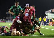 21 October 2022; Jack Aungier of Connacht scores a try during the United Rugby Championship match between Connacht and Scarlets at The Sportsground in Galway. Photo by Brendan Moran/Sportsfile