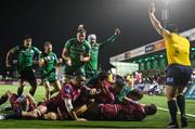 21 October 2022; Jack Aungier of Connacht scores a try during the United Rugby Championship match between Connacht and Scarlets at The Sportsground in Galway. Photo by Brendan Moran/Sportsfile