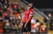 21 October 2022; Michael Duffy of Derry City reacts after a missed chance during the SSE Airtricity League Premier Division match between Derry City and Shelbourne at The Ryan McBride Brandywell Stadium in Derry. Photo by Ramsey Cardy/Sportsfile