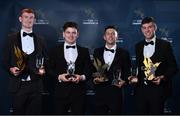 21 October 2022; In attendance during the GAA Champion 15 Awards at Croke Park in Dublin are, from left, Christy Ring Player of the Year for 2022 recipient and Kildare hurler James Burke, Joe McDonagh Player of the Year for 2022 recipient and Antrim hurler Conal Cunning, Tailteann Cup Player of the Year for 2022 recipient and Westmeath footballer Ronan O'Toole, and Lory Meagher Player of the Year for 2022 recipient and Louth hurler Darren Geoghegan, with their awards. Photo by Sam Barnes/Sportsfile