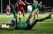 21 October 2022; Mack Hansen of Connacht celebrates after scoring his side's fourth try during the United Rugby Championship match between Connacht and Scarlets at The Sportsground in Galway. Photo by Brendan Moran/Sportsfile