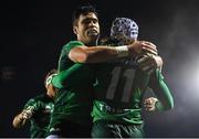 21 October 2022; Mack Hansen of Connacht celebrates with team-mate Alex Wootton after scoring their side's fourth try during the United Rugby Championship match between Connacht and Scarlets at The Sportsground in Galway. Photo by Brendan Moran/Sportsfile