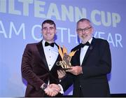 21 October 2022; Leitrim footballer Keith Beirne recieves his 2022 Tailteann Cup team of the Year award from Uachtarán Chumann Lúthchleas Gael Larry McCarthy during the GAA Champion 15 Awards at Croke Park in Dublin. Photo by Harry Murphy/Sportsfile