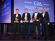 21 October 2022; Cavan footballer Gerard Smith, Westmeath footballer John Heslin and Leitrim footballer Keith Beirne with their 2022 Tailteann Cup team of the Year awards presented by Uachtarán Chumann Lúthchleas Gael Larry McCarthy during the GAA Champion 15 Awards at Croke Park in Dublin. Photo by Harry Murphy/Sportsfile