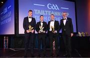 21 October 2022; Cavan footballer Gearóid McKiernan, Westmeath footballer Ronan O'Toole and Offaly footballer Anton Sullivan with their 2022 Tailteann Cup team of the Year awards presented by Uachtarán Chumann Lúthchleas Gael Larry McCarthy during the GAA Champion 15 Awards at Croke Park in Dublin. Photo by Harry Murphy/Sportsfile