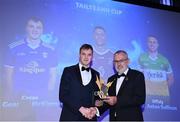 21 October 2022; Cavan footballer Gearóid McKiernan receives his 2022 Tailteann Cup team of the Year award from Uachtarán Chumann Lúthchleas Gael Larry McCarthy during the GAA Champion 15 Awards at Croke Park in Dublin. Photo by Harry Murphy/Sportsfile