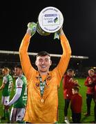 21 October 2022; Cork City goalkeeper David Harrington celebrates with the cup after the SSE Airtricity League First Division match between Cork City and Bray Wanderers at Turners Cross in Cork. Photo by Eóin Noonan/Sportsfile