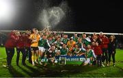 21 October 2022; Cork City players and staff celebrate with the cup after the SSE Airtricity League First Division match between Cork City and Bray Wanderers at Turners Cross in Cork. Photo by Eóin Noonan/Sportsfile