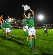 21 October 2022; Cork City captain Cian Coleman celebrates with the cup after the SSE Airtricity League First Division match between Cork City and Bray Wanderers at Turners Cross in Cork. Photo by Eóin Noonan/Sportsfile