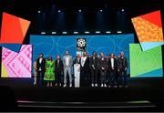 22 October 2022; A general view of the head coaches and managers, including Republic of Ireland manager Vera Pauw, third from right, on stage during the draw for the FIFA 2023 Women's World Cup 2023 Draw at Aotea Centre in Auckland, New Zealand. Photo by Stephen McCarthy / FIFA via Sportsfile