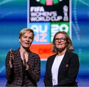 22 October 2022; Republic of Ireland manager Vera Pauw, left, and Norway manager Hege Riise on stage during the draw for the FIFA 2023 Women's World Cup 2023 Draw at Aotea Centre in Auckland, New Zealand. Photo by Stephen McCarthy / FIFA via Sportsfile
