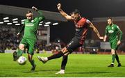 21 October 2022; Josh Kerr of Bohemians in action against Ryan Rainey of Finn Harps during the SSE Airtricity League Premier Division match between Bohemians and Finn Harps at Dalymount Park in Dublin. Photo by Tyler Miller/Sportsfile