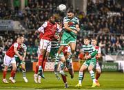 21 October 2022; Roberto Lopes of Shamrock Rovers in action against Tunde Owolabi of St Patrick's Athletic during the SSE Airtricity League Premier Division match between Shamrock Rovers and St Patrick's Athletic at Tallaght Stadium in Dublin. Photo by Seb Daly/Sportsfile