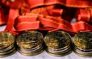 22 October 2022; A detailed view of the gold medals before the finals of the EUBC Women's European Boxing Championships 2022 at Budva Sports Centre in Budva, Montenegro. Photo by Ben McShane/Sportsfile