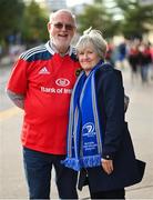 22 October 2022; Munster supporter Gerry Fahy, and Leinster supporter Joyce Fahy, from Greystones, Wicklow, before the United Rugby Championship match between Leinster and Munster at Aviva Stadium in Dublin. Photo by Ramsey Cardy/Sportsfile
