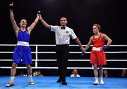 22 October 2022; Buse Naz Cakiroglu of Turkey is declared victorious after beating Caitlin Fryers of Ireland in their lightflyweight 50kg final during the EUBC Women's European Boxing Championships 2022 at Budva Sports Centre in Budva, Montenegro. Photo by Ben McShane/Sportsfile
