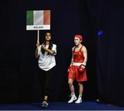 22 October 2022; Caitlin Fryers of Ireland, makes her way to the ring before her bout against Buse Naz Cakiroglu of Turkey in their lightflyweight 50kg final during the EUBC Women's European Boxing Championships 2022 at Budva Sports Centre in Budva, Montenegro. Photo by Ben McShane/Sportsfile