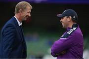 22 October 2022; Leinster head coach Leo Cullen, left, and Munster defence coach Denis Leamy in conversation before the United Rugby Championship match between Leinster and Munster at Aviva Stadium in Dublin. Photo by Brendan Moran/Sportsfile