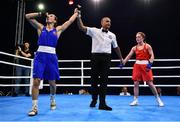 22 October 2022; Buse Naz Cakiroglu of Turkey, left, is declared the winner after beating Caitlin Fryers of Ireland in their lightflyweight 50kg final during the EUBC Women's European Boxing Championships 2022 at Budva Sports Centre in Budva, Montenegro.  Photo by Ben McShane/Sportsfile