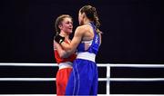 22 October 2022; Caitlin Fryers of Ireland, left, embraces Buse Naz Cakiroglu of Turkey after their lightflyweight 50kg final during the EUBC Women's European Boxing Championships 2022 at Budva Sports Centre in Budva, Montenegro. Photo by Ben McShane/Sportsfile