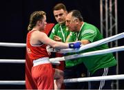 22 October 2022; Caitlin Fryers of Ireland, in conversation with coach Zaur Antia, right, and Eoin Cluck, centre, after her defeat to Buse Naz Cakiroglu of Turkey in their lightflyweight 50kg final during the EUBC Women's European Boxing Championships 2022 at Budva Sports Centre in Budva, Montenegro. Photo by Ben McShane/Sportsfile