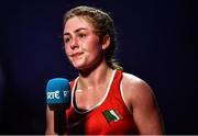 22 October 2022; Caitlin Fryers of Ireland, talks to the media after her defeat to Buse Naz Cakiroglu of Turkey in their lightflyweight 50kg final during the EUBC Women's European Boxing Championships 2022 at Budva Sports Centre in Budva, Montenegro. Photo by Ben McShane/Sportsfile