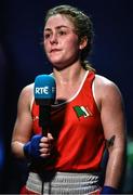 22 October 2022; Caitlin Fryers of Ireland, talks to the media after her defeat to Buse Naz Cakiroglu of Turkey in their lightflyweight 50kg final during the EUBC Women's European Boxing Championships 2022 at Budva Sports Centre in Budva, Montenegro. Photo by Ben McShane/Sportsfile
