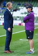 22 October 2022; Leinster head coach Leo Cullen speaks with Munster defence coach Denis Leamy before the United Rugby Championship match between Leinster and Munster at Aviva Stadium in Dublin. Photo by Harry Murphy/Sportsfile