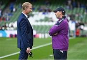 22 October 2022; Leinster head coach Leo Cullen speaks with Munster defence coach Denis Leamy before the United Rugby Championship match between Leinster and Munster at Aviva Stadium in Dublin. Photo by Harry Murphy/Sportsfile