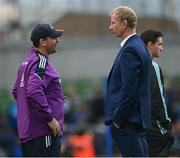 22 October 2022; Leinster head coach Leo Cullen, right, and Munster defence coach Denis Leamy in conversation before the United Rugby Championship match between Leinster and Munster at Aviva Stadium in Dublin. Photo by Ramsey Cardy/Sportsfile