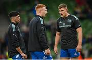 22 October 2022; Leinster players, from left, Jimmy O'Brien, Ciarán Frawley, and Garry Ringrose before the United Rugby Championship match between Leinster and Munster at Aviva Stadium in Dublin. Photo by Ramsey Cardy/Sportsfile