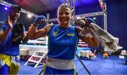 22 October 2022; Anastasiia Kovalchuck of Ukraine celebrates after their victory over Bojana Gojkovic of Montenegro, after the bantamweight 54kg final during the EUBC Women's European Boxing Championships 2022 at Budva Sports Centre in Budva, Montenegro. Photo by Ben McShane/Sportsfile
