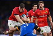 22 October 2022; Jack O'Donoghue of Munster is tackled by Michael Ala'Alatoa of Leinster during the United Rugby Championship match between Leinster and Munster at Aviva Stadium in Dublin. Photo by Brendan Moran/Sportsfile