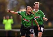 22 October 2022; Aine O'Gorman, left, and Karen Duggan of Peamount United celebrate their side's first goal, scored by teammate Chloe Moloney, not pictured, during the SSE Airtricity Women's National League match between Peamount United and Wexford Youths at PRL Park in Greenogue, Dublin. Photo by Seb Daly/Sportsfile