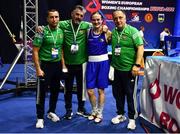 22 October 2022; Kellie Harrington of Ireland, celebrates with coaches from left, Dimitri Dmitruk, John Conlan, and Zaur Antia after winning gold against Lenka Bernardova of Czech Republic in their lightweight 60kg final during the EUBC Women's European Boxing Championships 2022 at Budva Sports Centre in Budva, Montenegro. Photo by Ben McShane/Sportsfile